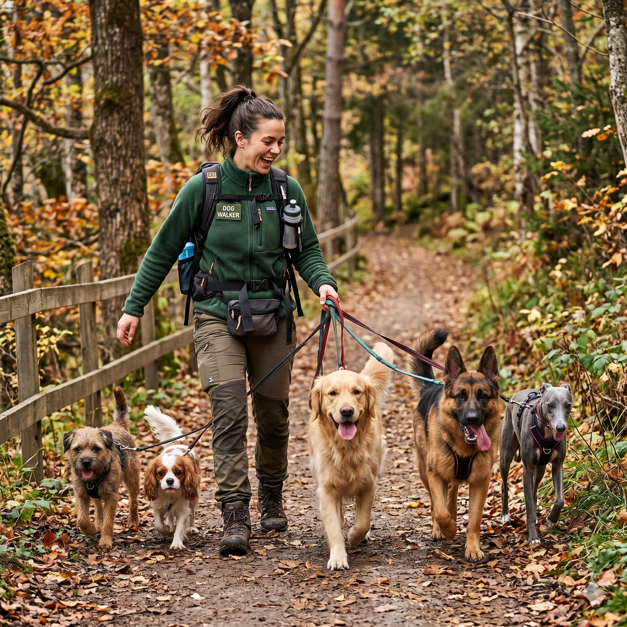 Hundepasser på tur i skogen med flere hunder